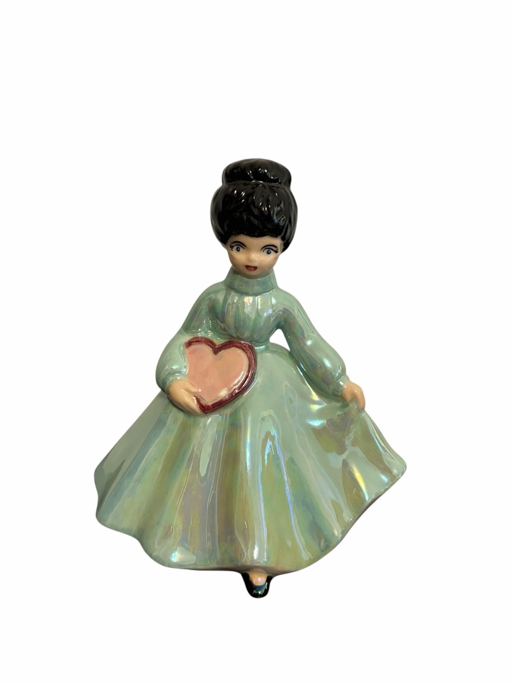Vintage Iridescent Green Ceramic Figurine Girl Holding Heart